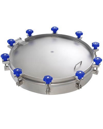 9402.10V800 Round Manhole Cover 10V/800
Cover opening outwards
Material: 1.4307 (304L)
Pressure range: +0,2 bar
Outside Neck diameter: Ø805mm
Tolerance ISO2768 cL: ±2.0mm
Welding Neck height: 105mm
Welding Neck thickness: 3,0mm
Cover thickness: 3,0mm
10x Plastic Handwheel MEC/80
EPDM gasket (FDA) G/800
Finish Neck: Grinded/Pickled
Finish Cover: Electropolished