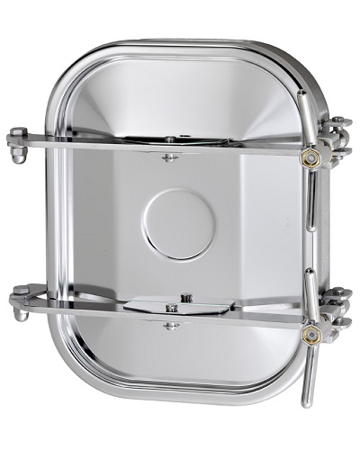 9402.160/2B Rectangular Manhole 160/2B
Cover opening outwards, and
hinged on the longer side
Material: 1.4307 (304L)
Pressure range: +0,6 bar
Outside dimensions: 440x332mm
Tolerance ISO2768 cL: ±2.0mm
Welding Neck height: 60mm
Welding Neck thickness: 8mm
Cover thickness: 2,0mm
2x Stainless T-Handle VI/165/A
EPDM gasket (FDA)
Finish Neck: Grinded/Pickled
Finish Cover: Electropolished