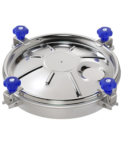 9402.255 Round Manhole Cover Type 255
Cover opening outwards
Material: 1.4307 (304L)
Pressure range: +0,2 bar
Outside Neck diameter: Ø404mm
Tolerance ISO2768 cL: ±2.0mm
Welding Neck height: 65mm
Welding Neck thickness: 2,0mm
Cover thickness: 1,2mm
4x Plastic Handwheel MEC/60
EPDM gasket (FDA) G/AE
Finish Neck: Grinded/Pickled
Finish Cover: Electropolished