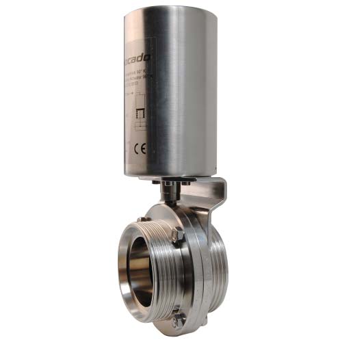 5055401501320 Nocado Butterfly Valve DN150
Conn.: Male/Male acc. DIN11851
Round thread - Rd190 x 1/4"
Mat.: 1.4301 (304) Polished
Pneumatic Actuator (NC)
Air open / Spring return
EPDM gasket (FDA)