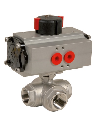 661121003LL 3-way ball valve - AISI 316
with 1" BSP inner thread
T-port - with PTFE seats
Aluminium pneumatic actuator
Air-opened / Air-return