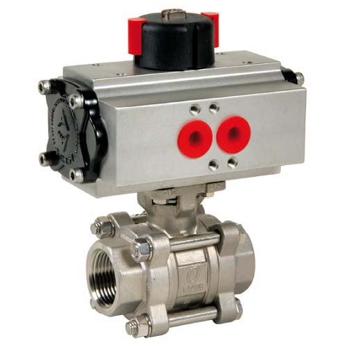 663110123LV 3-Piece Ball Valve - AISI 316
with 1/2" BSP inner thread
Ball with full bore
with PTFE (Teflon) seats
Aluminium pneumatic actuator
Air-opened / Spring-return