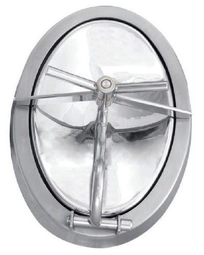 9405.A5BE Oval manwaydoor 440 x 310mm
Thickness: 2,5mm
Mat. wetted parts: 1.4404
Mat. external parts: 1.4301
Natural rubber gasket
Temp. range: -50 / +90°C
including swivel joint,
with welding neck 80 x 3mm
Surface: Polished
Without PED-approval