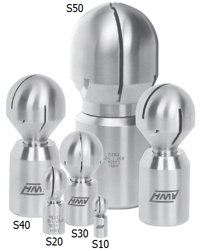 947.S40 360GR C295 AWH Rotating Sprayball
Spray direction 360°
with 29,5mm Clip-on conn.
Material: 1.4404 (AISI 316L)
Ball diameter: 39,0mm
Total length: 93,0mm