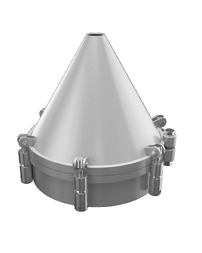 9401.230060 Zimmerlin Conical Cover NW300
Apex angle: 60°
Outlet Diameter: 50mm
Wetted Material: 1.4571
Attachment parts: 1.4301
Pressure: -1 / +6 bar
Temperature: 100° Celsius
Collar incl. flange: 120mm
Cone thickness: 4mm
Collar thickness: 4mm
4x SS Swing bolts
Cone type swivel hinge
Seal: Silicone
Temp. range seal: -50/+200°C
Inside: Unpolished/Glass Blasted
Outside: Unpolished/Glass Blasted
PED-Appr. 2014/68/EU (Mod.G)
Design-code: AD-2000 Merkblatt
3.1 for wetted parts
FDA / EC1935-2004 / USP-VI